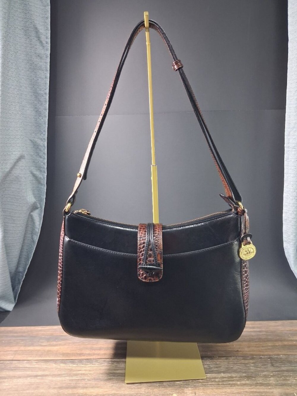 Vtg Brahmin Tuscan Black Leather Shoulder Bag Brown Croc Embossed Trim Handbag